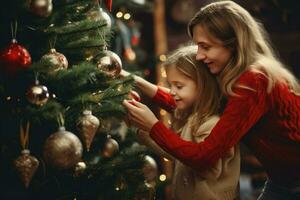 Child girl with mother decorating Christmas tree at home. AI Generated photo