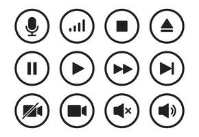 audio, video, música jugador botón icono. sonido control, jugar, pausa botón sólido icono colocar. cámara, medios de comunicación control, micrófono interfaz pictograma. vector