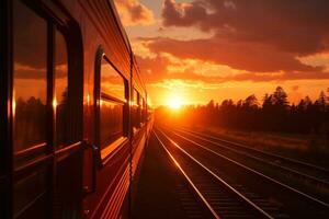 ver desde el tren ventana naranja puesta de sol generativo ai foto