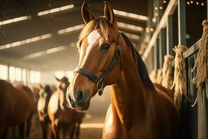 beautiful brown horse in the stable generative ai photo