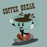 Retro poster with mascot cups of coffee in trendy vintage cartoon style. Coffee characters in 60s, 70s old animation style. Vintage comic cafe mascots. vector