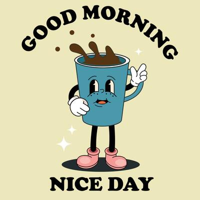 Retro poster with mascot cups of coffee in trendy vintage cartoon style. Coffee characters in 60s, 70s old animation style. Vintage comic cafe mascots.
