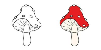 Fly agaric with red cap and white dots. Page for a children's coloring book. Amanita on a white background. Vector illustration