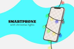 Realistic smartphone mockup with christmas colorful string lights wrapped around vector