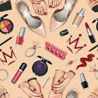 Fashion Seamless pattern with shoes, nails, manicure, makeup. Beauty Seamless Background. Seamless Pattern with Fashion Accessories. Perfect for Beauty Salon decoration, Beauty Blog, Fashion Blog vector