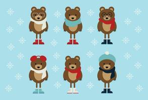 Cute Festive Winter Animals, Winter Brown Bears in Boots, Scarves, Hats, and Glasses with Snowflakes, Set of Cute Christmas Bears vector