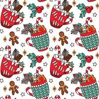 Christmas coffee with marshmallow and candy cane. Seamless pattern. Vector. vector