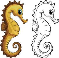 Seahorse cartoon vector illustration, Hippocampus kuda, common seahorse, estuary seahorse, yellow seahorse or spotted seahorse, sea pony colored and black and white line art stock vector image