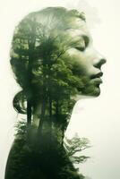 Double exposure portrait with woman and green forest. Generative AI photo