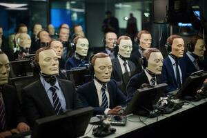 Robots with human faces working in office. Generative AI photo