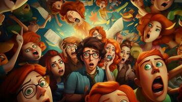 Cartoon illustration of surprised crowd people with shocked faces. Human emotions, facial expression. photo