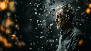 retrato de un antiguo hombre en pie en el lluvia desde que cae piedras rocas que cae a el suelo, pensamientos acerca de perdido vida. foto