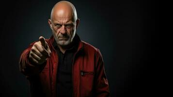 Portrait of an old bald man in a red jacket showing finger.  Angry male points his finger at you. photo