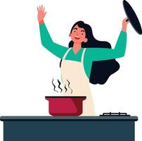 Happy woman cooking food in a kitchen flat style vector illustration, Lady cooking in front of a stove flat style stock vector image