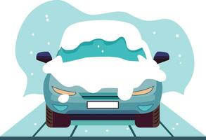 Car covered in snow on a driveway flat style vector illustration, Car in winter season covered in snow and ice, vehicle covered in snow flat style stock vector image