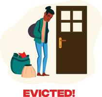 Evicted sad male with a bag of stuff outside a locked door flat style vector illustration, Guy forced to move out of a property stock vector image