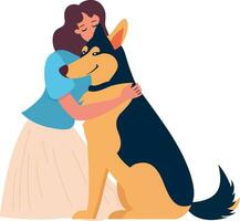 Lady hugging a German Shepherd dog flat style vector illustration, Woman hugging a therapy dog, Girl hugging a Belgian Malinois dog flat style stock vector image