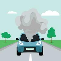 Car breakdown vector illustration, smoke coming from an engine of an electric car vehicle on a driveway, front view flat style stock vector image