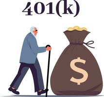 Old man walking towards a bag of money with a dollar sign on it, mobility using a cane 401K flat style stock vector illustration, Old man chasing money concept vector image