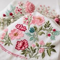 Intricately embroidered flowers grace the corners of delicate cotton handkerchiefs, showcasing the artistry of traditional hand embroidery ,Ai generated photo