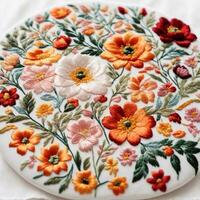 A meticulously crafted hand embroidery of vibrant flowers, each delicate petal, stem, and leaf expertly rendered in intricate detail , Ai generated photo