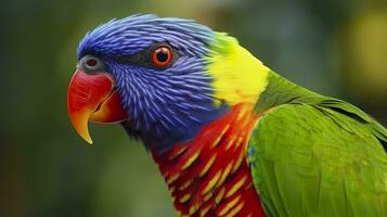Side view Closeup of beautiful and colorful Lorikeet Green naped bird. Generative AI photo