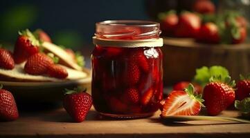 Strawberry jam and fresh berries. Generative AI photo