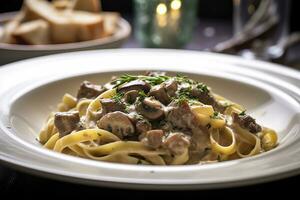 Tagliatelle with sausage and porcini, Pasta with sausage and summer cep mushroom. Generative AI photo