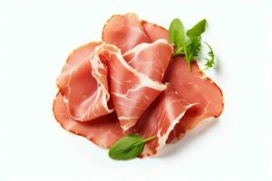 Slices of tasty ham and basil leaves isolated on white. Generate Ai photo