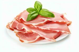 Slices of tasty ham and basil leaves on plate. Generate Ai photo