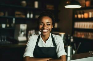 Smiling waitress cafe food portrait. Generate AI photo