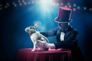 Magician lifting rabbit at show. Generate Ai photo