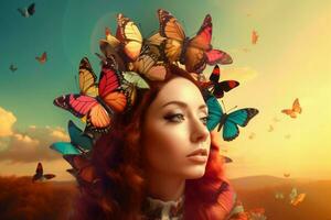 Woman head butterflies sunset portrait. Generate Ai photo