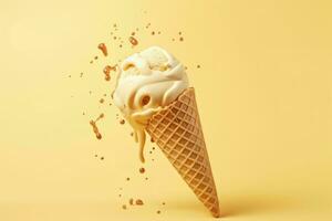 Melted ice cream and wafer cone with flavor snack. Generate Ai photo