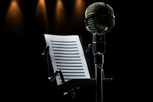 Scene tag microphone and clipboard on black lights. Generate Ai photo