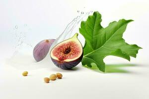 Piece of fresh fig and green leaves isolated on white. Generate Ai photo