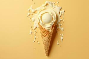 Melted ice cream and wafer cone. Generate Ai photo