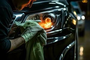 Man washing car headlight with rag closeup. Generate Ai photo