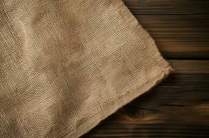 Pieces burlap fabric wooden table eco organic. Generate Ai photo