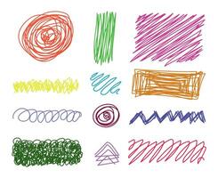 Multi colored charcoal pencil scribble vector set. Childish drawing. Doodles and curved lines, straight thin strokes. Colorful pencil