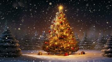 Winter holiday background. Christmas tree in snowy forest with gifts. photo