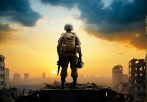Soldier looking at a apocalyptic scene of a city devastated by war. AI Generative photo
