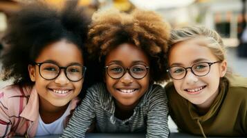 Three children, two girls with afro hair and a boy with glasses, smiling together.. Generative AI photo