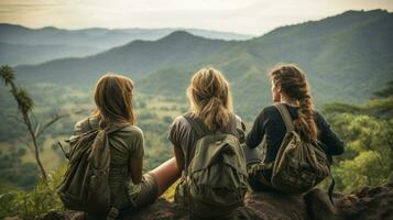 Back view of three women, overlooking a vast expanse of mountains.. Generative AI photo