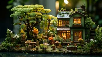 Detailed miniature of a traditional Japanese garden with a pagoda.. Generative AI photo