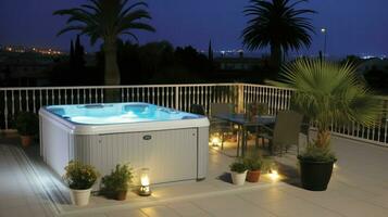 Luxury outdoor spa setting at night, showcasing a hot tub with ambient lighting.. Generative AI photo