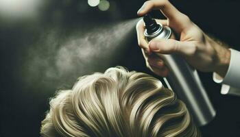 Close-up of hairdresser's hands applying spray to blonde hair.. Generative AI photo