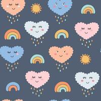 Seamless pattern with cute cartoon hearts, rainbows, abstract suns, baby print. Vector graphics.