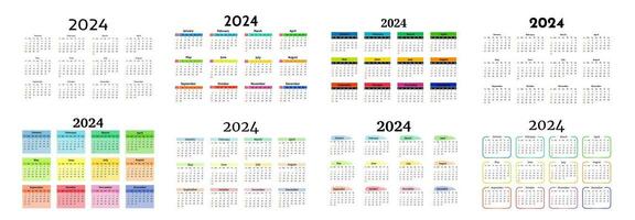 Set of eight calendars for 2024 isolated on a white background. Sunday to Monday, business template. Vector illustration