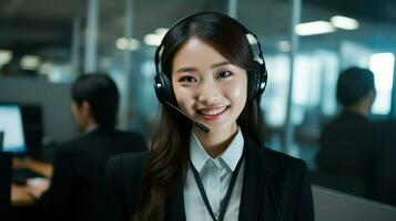 Asian young friendly call center worker wearing a headset and microphone. Generative AI photo